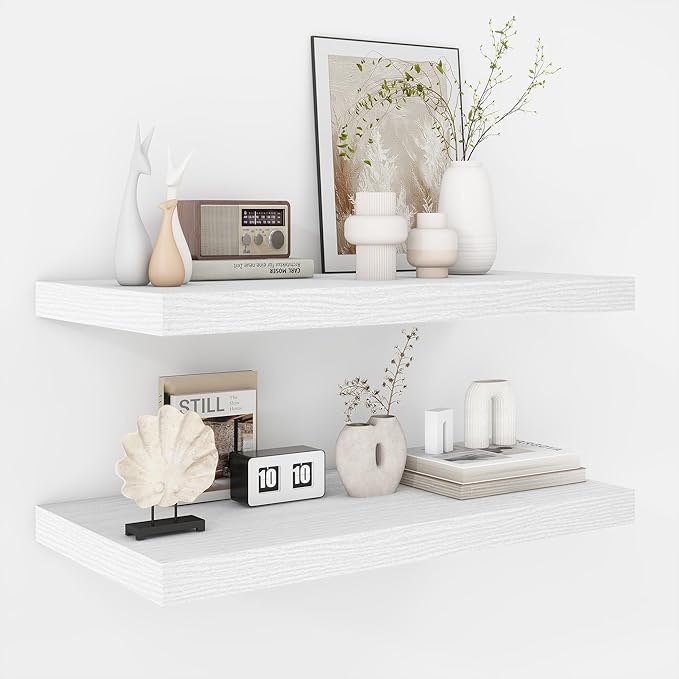 Fun Memories Floating Shelves - 2 Pack 12 Inch Deep Rustic Wooden Wall Shelves - Extra Deeper & Thicker Wall Mounted Storage Shelf for Living Room, Kitchen, Farmhouse - 24