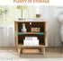Farmhouse Square End Table with Charging Station, 24" Large Fluted Sofa Side Table with Sliding Tambour Door and Storage, Rustic Curved Wood Nightstand for Living Room, Bedroom, Natural