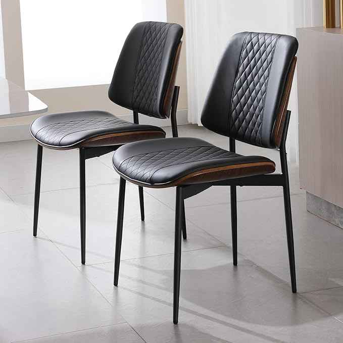 BV Dining Chairs Set of 2, PU Leather Armless Kitchen Chair in Modern Walnut Style, Mid Century Bentwood Side Chair with Metal Legs, Retro Accent Guest Chair for Kitchen Dining Room(Black)