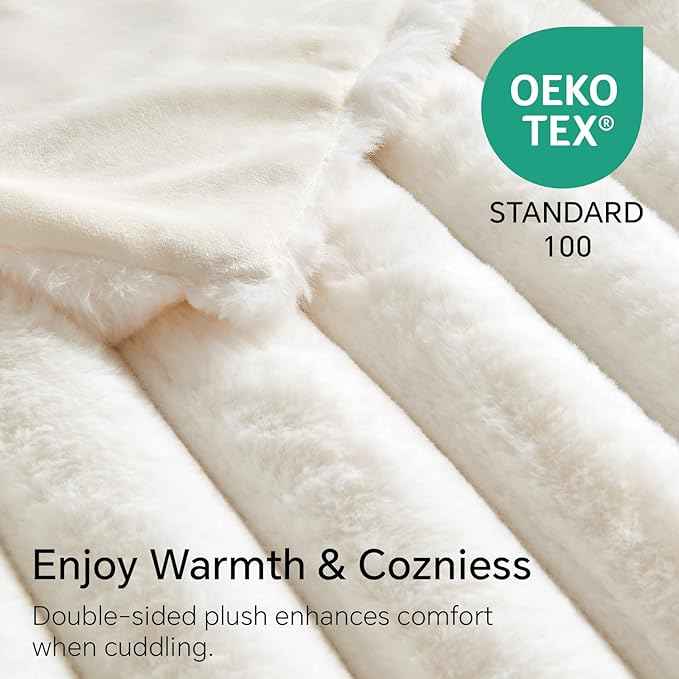 BEDELITE Faux Fur Throw Blanket for Couch, Soft and Cozy Luxurious 3D Striped Fluffy Blanket, 770GSM Thick Warm Plush Fuzzy Faux Rabbit Fur Blanket for Women Gift (Cream, 60