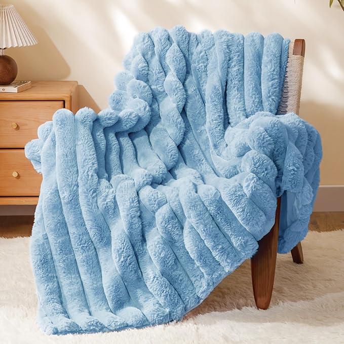 BEDELITE Faux Rabbit Fur Blanket, Luxurious 3D Striped Spring Blanket for Decor & Gift, Soft and Warm Plush Fluffy Faux Fur Throw Blanket All Seasons Suitable, (Light Blue, 50
