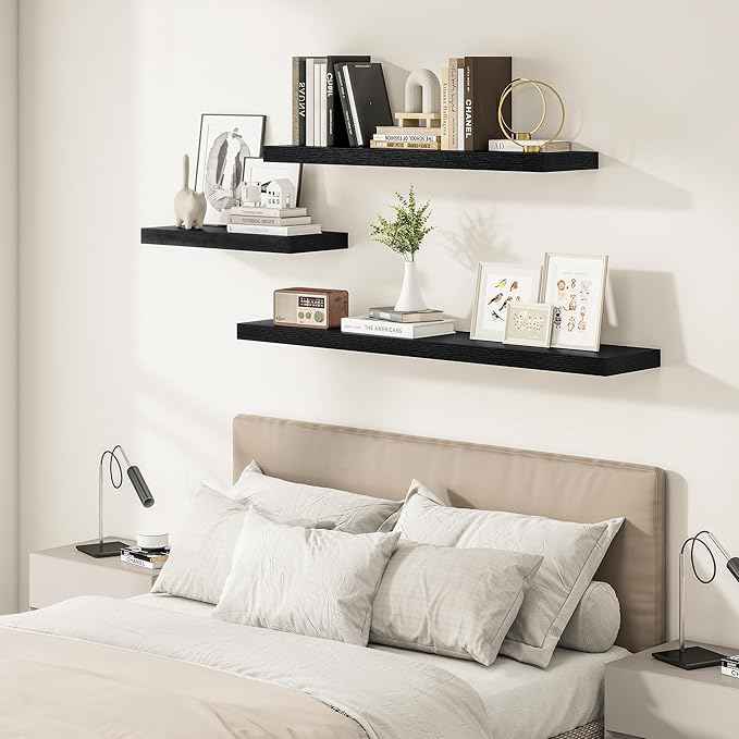 Black Floating Shelves for Wall 55 Inches Long, 12" Deep Wall Shelves 2" Thick, Heavy Duty Shelf for Bedroom, Bathroom, Living Room, Kitchen, Office, Home Decor, Modern Shelf Set of 2, 55" X 12" X 2"