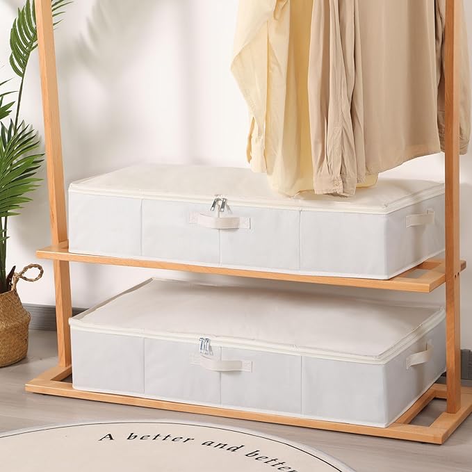 Under the Bed Storage Bins, Closet Organizers with Reinforced Handles for Blanket, Sheets, Pillows, Towels, Shoes, Beige, 2 Pack, 23.6 x 11.8 x 5.9 Inch