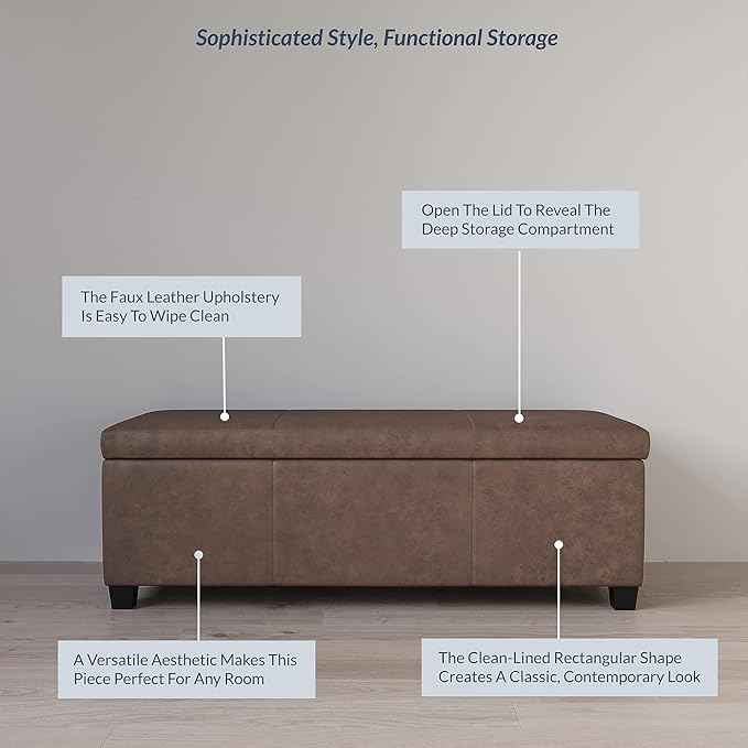 BELLEZE 47 Inch Storage Ottoman, Faux Leather Storage Bench Bedroom Bench with Safety Close Hinge, Ottoman with Storage for Living Room, Entryway, Hallway, Foot Rest, Support 300lbs - Rustic Brown