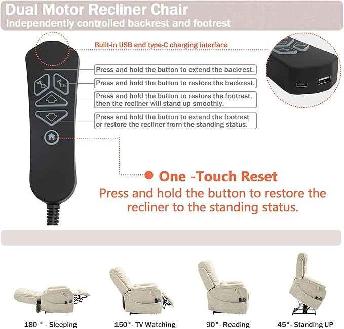 Power Lift Recliner Chair for Adults Elderly Lay Flat Velvet Recliners with Massage Heating, Extended Footrest, Wireless Charging Device, USB Ports, Cup Holder, Lumbar Pillow