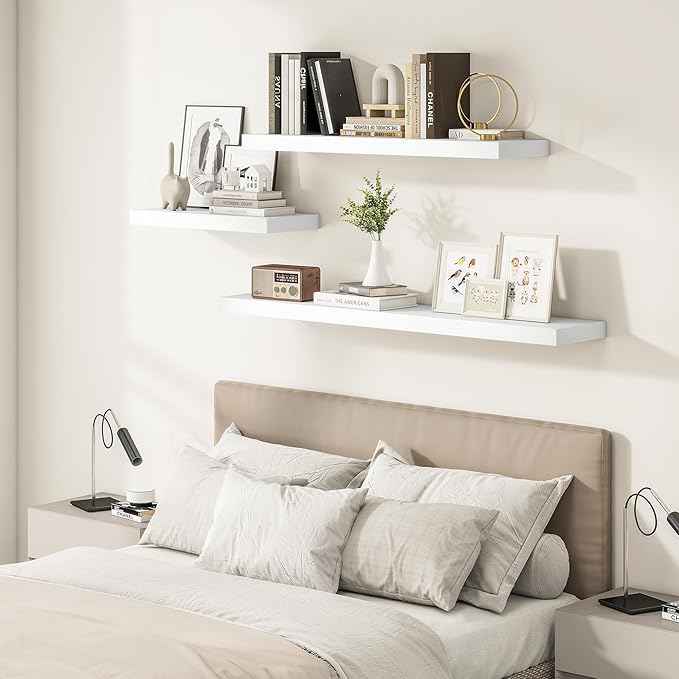 White Floating Shelves for Wall, 48 Inch X 12 Deep Shelves for Room Wall Mounted，2