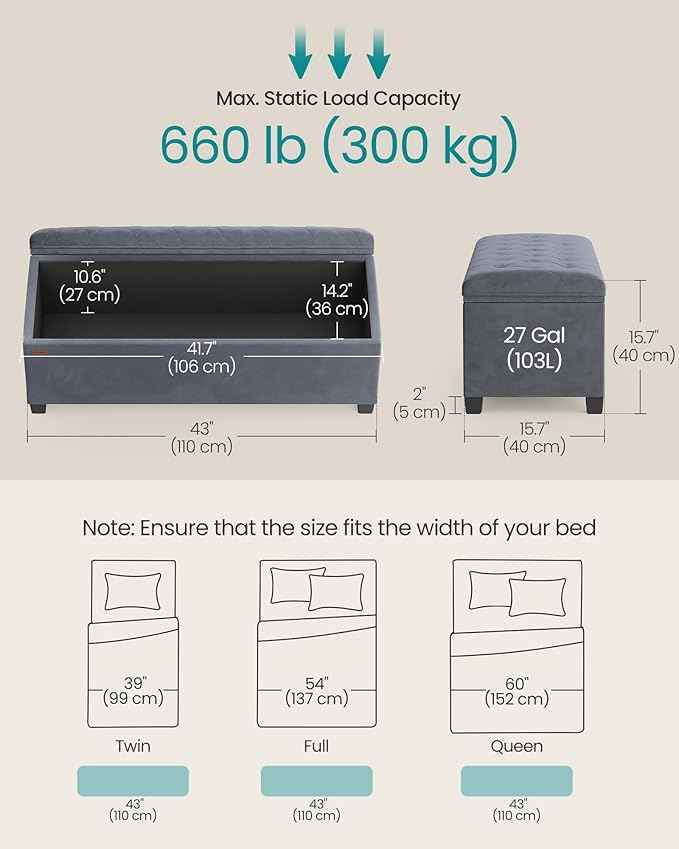 SONGMICS Velvet Storage Ottoman Bench, Foot Rest with Legs, 15.7 x 43 x 15.7 Inches, End of Bed Bench, Storage Chest, Load up to 660 lb, for Living Room, Bedroom, Entryway, Slate Gray ULSF089G01