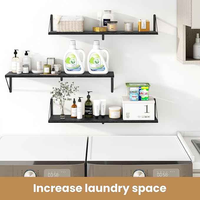 Heimlove 36 Inch Black Floating Bookshelves Set of 3,Heavy Duty Wall Mounted Bookshelves,Bookshelf for Living Room,Bedroom,Kitchen,Laundry Room Storage & Decor