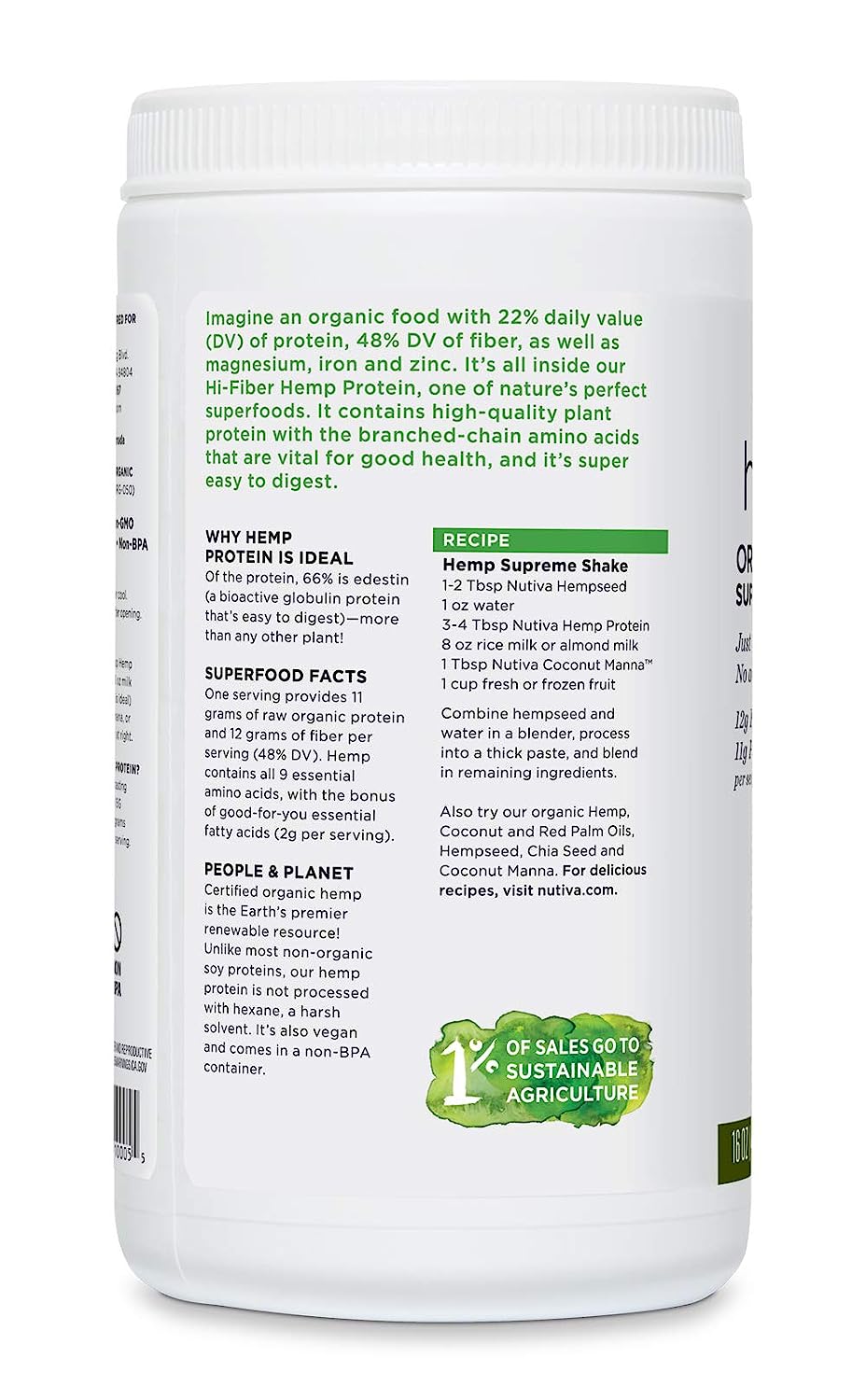 Nutiva Organic Hemp Protein Hi-Fiber, 16 Oz.