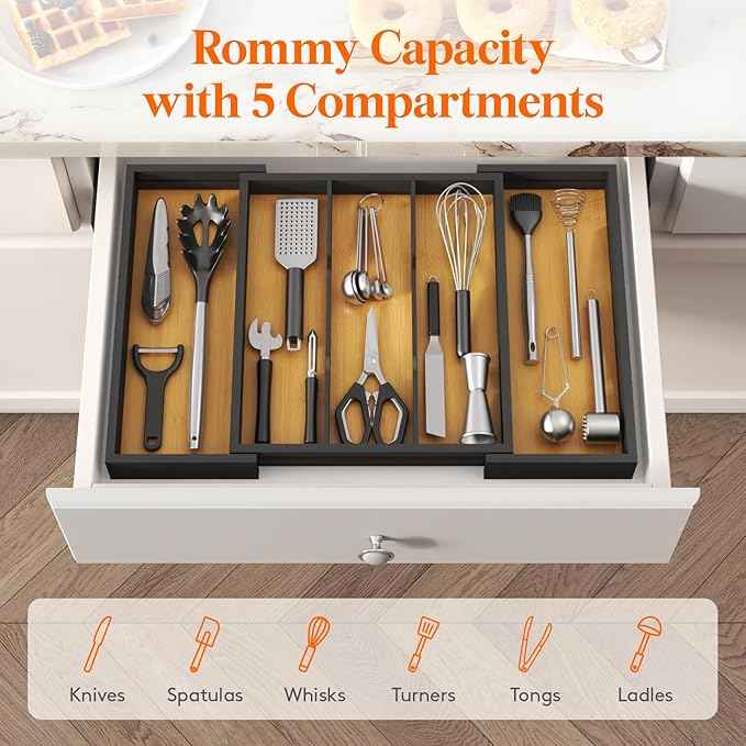 Lifewit Utensil Organizer for Kitchen Drawer, Bamboo Cooking Utensil Tray, Expandable Cutlery Silverware Flatware Holder, Adjustable Spatula Tools Gadgets Storage Divider, Large, Natural and Black