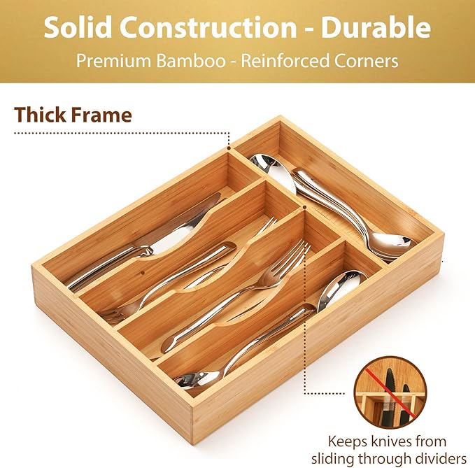 Umilife Bamboo Kitchen Drawer Organizer, 11 Inch Silverware Utensils Tray Holder with Grooved Dividers, 2.4