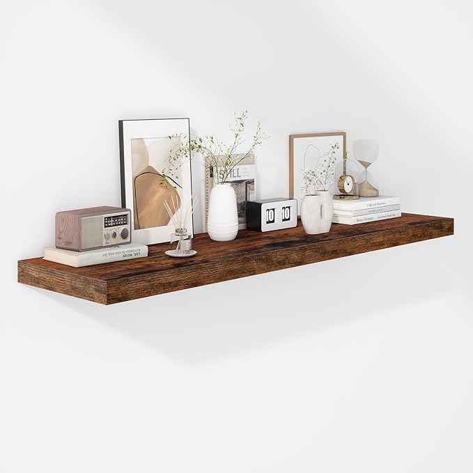 Fun Memories Floating Shelves - 12 Inch Rustic Wooden Wall Shelves - Extra Deeper & Thicker Wall Mounted Storage Shelf for Living Room, Kitchen, Farmhouse - 48" W x 12" D x 1.8" H - Brown