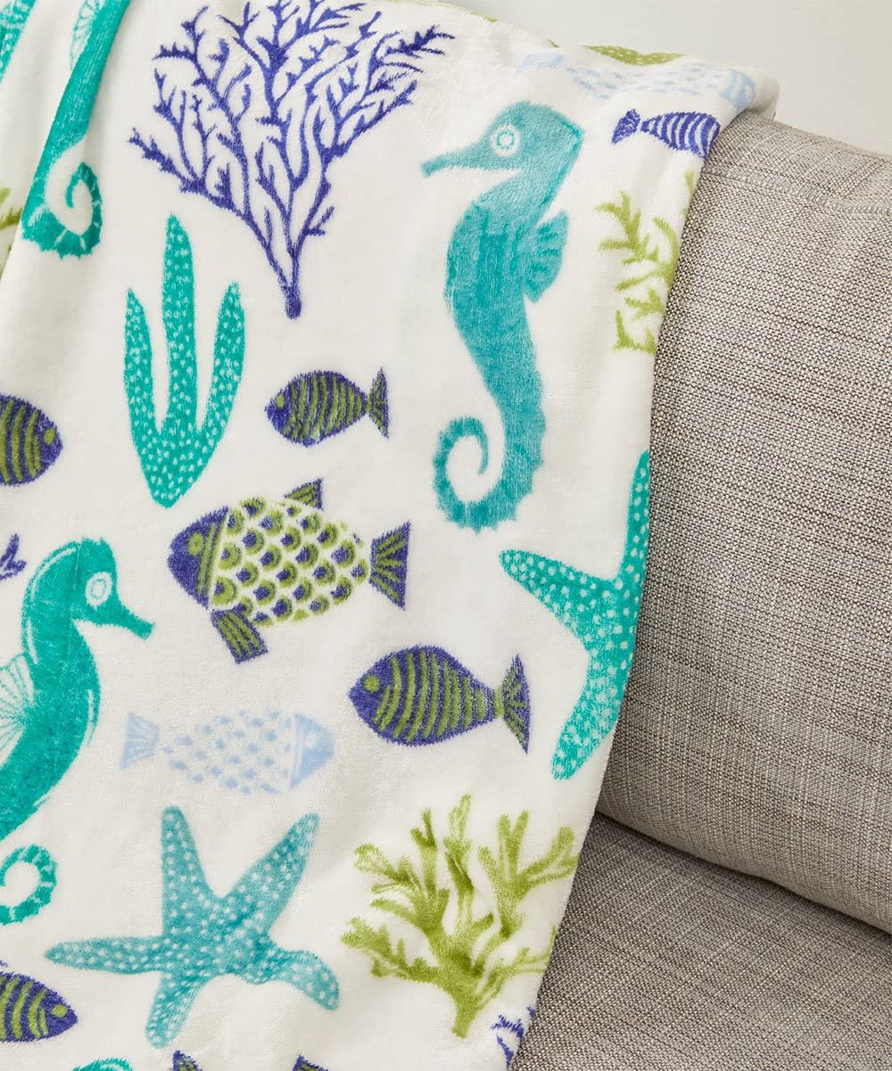 Decor & More Corales de Marina Blue Coral Seahorse Oceanic Microplush Throw Blanket Ocean Blanket for Boys and Girls and Kids of Any Age (50" x 60")