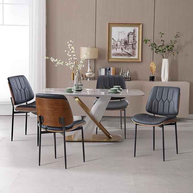 BV Mid Century Modern Dining Chairs Set of 4, Upholstered Pu Leather Armless Accent Chair with Walnut Bentwood Back, Retro Kitchen Chair for Dining Room, Living Room, Kitchen, Black