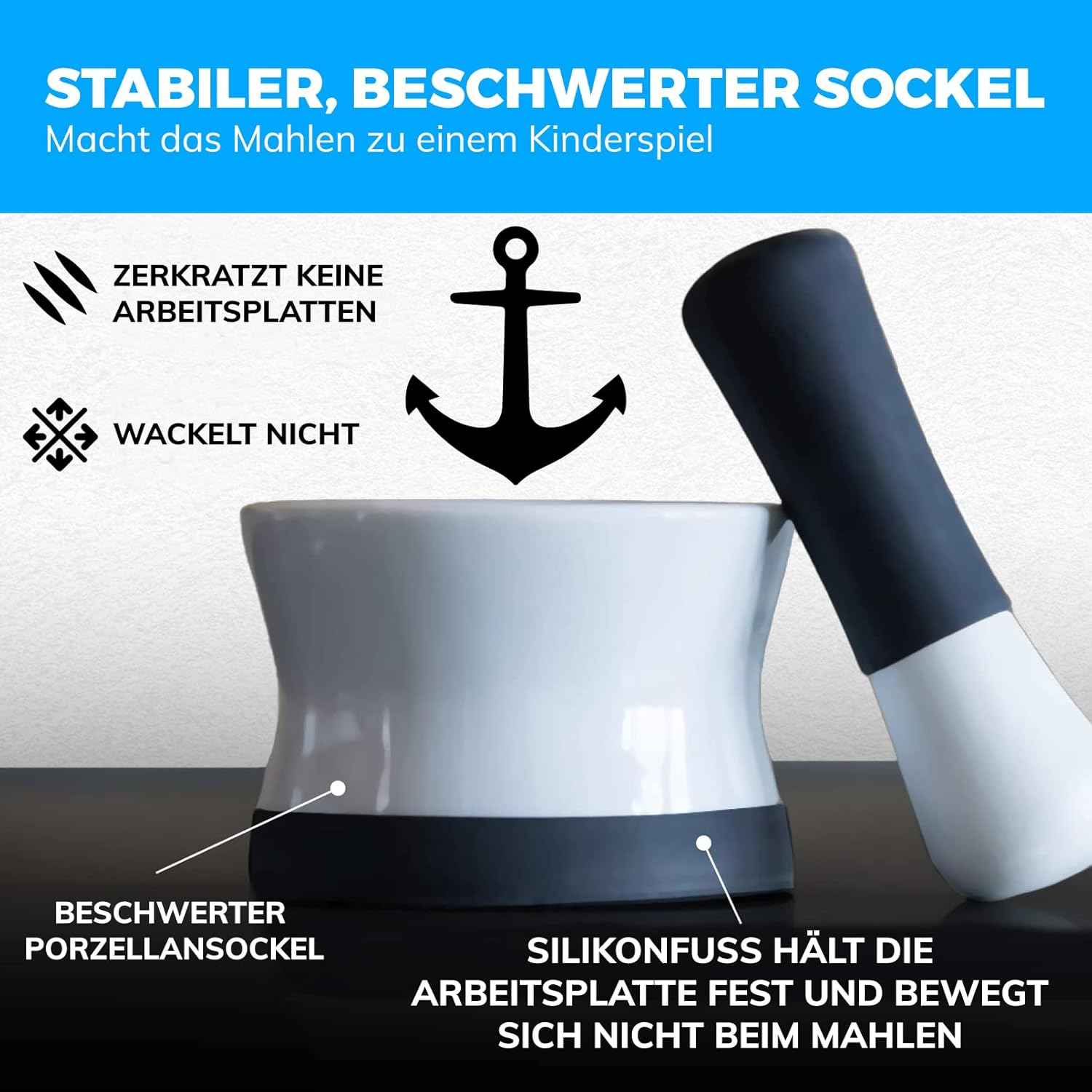 EZ-Grip Silicone & Porcelain Mortar and Pestle With Non-Slip Detachable Silicone Base - NEW DESIGN - Dishwasher Safe by Cooler Kitchen