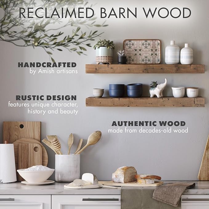 Urban Legacy Reclaimed Barnwood Planks | Floating Shelves for Wall w/Flush Mount Shelf Bracket Set Included | Set of 2 (Natural, 30