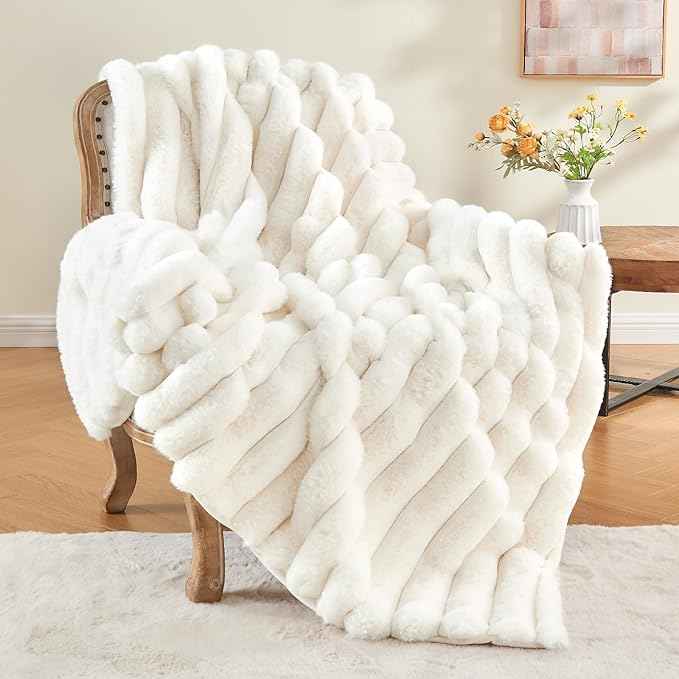 BEDELITE Faux Fur Throw Blanket for Couch, Soft and Cozy Luxurious 3D Striped Fluffy Blanket, 770GSM Thick Warm Plush Fuzzy Faux Rabbit Fur Blanket for Women Gift (Cream, 60