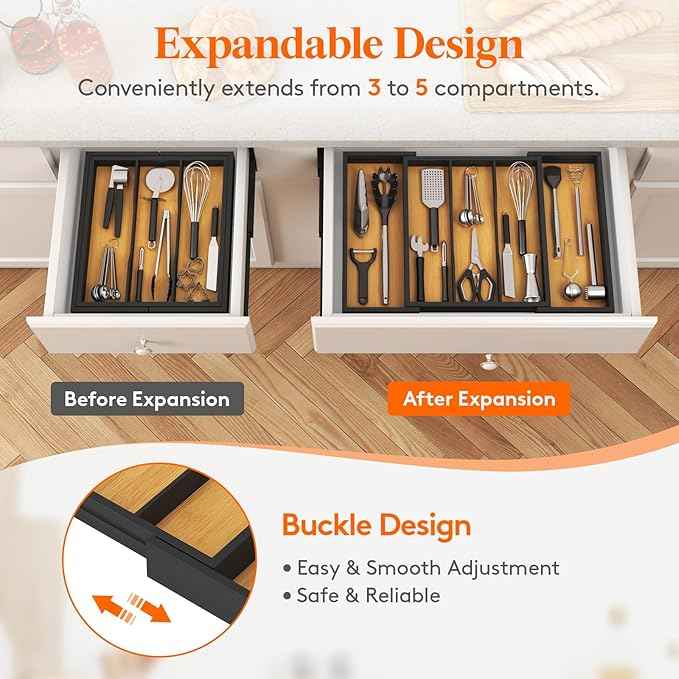 Lifewit Utensil Organizer for Kitchen Drawer, Bamboo Cooking Utensil Tray, Expandable Cutlery Silverware Flatware Holder, Adjustable Spatula Tools Gadgets Storage Divider, Large, Natural and Black