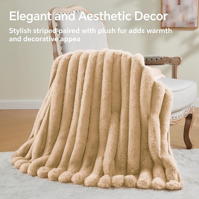 BEDELITE Faux Fur Throw Blanket for Couch, Soft and Cozy Luxurious 3D Striped Fluffy Blanket, 770GSM Thick Warm Plush Fuzzy Faux Rabbit Fur Blanket for Women Gift (Brown, 60