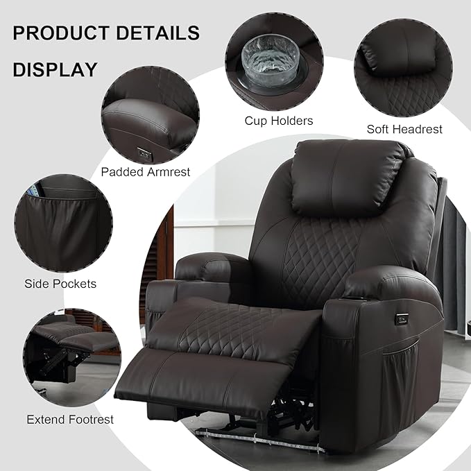 Power Recliner Chair with Heat and Massage, PU Leather Home Theater Seating with LED Lights/Cup Holders/Side Pocket/USB Port, Reclining Sofa Chair for Living Room(3, Brown)