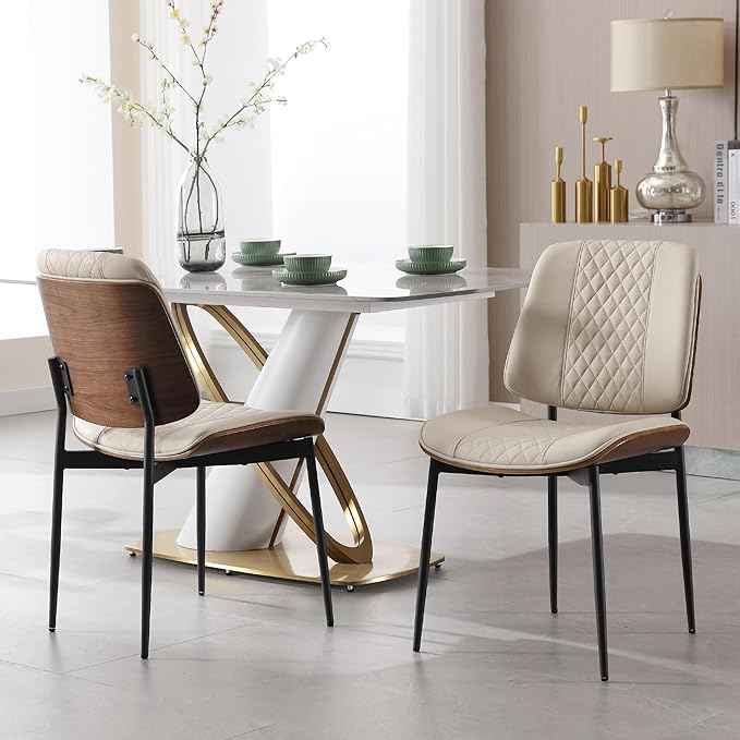 BV Dining Chairs Set of 6, PU Leather Armless Kitchen Chair in Modern Walnut Style, Mid Century Bentwood Side Chair with Metal Legs, Retro Accent Guest Chair for Kitchen Dining Room(Beige)