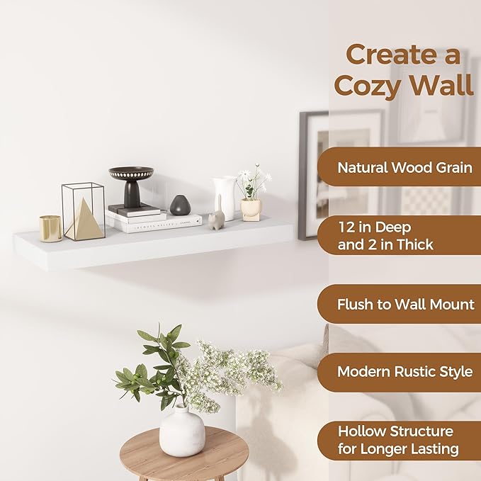 Fun Memories White Floating Shelves 30x 12 Inch, Deep Floating Shelf Wall Mounted, 12