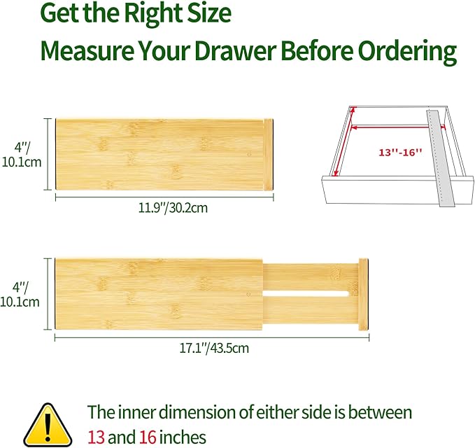 VaeFae 3 Pack Bamboo Drawer Dividers, 4