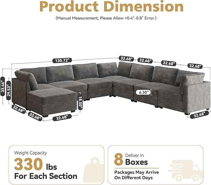 Modular Sectional Sofa with Chaise U Shaped Sectional Couch for Living Room, 8-Seater Comfy Cloud Couches with One Movable Ottoman, Plush Corduroy, Gray