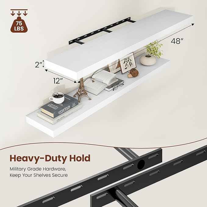 White Floating Shelves for Wall, 48 Inch X 12 Deep Shelves for Room Wall Mounted，2