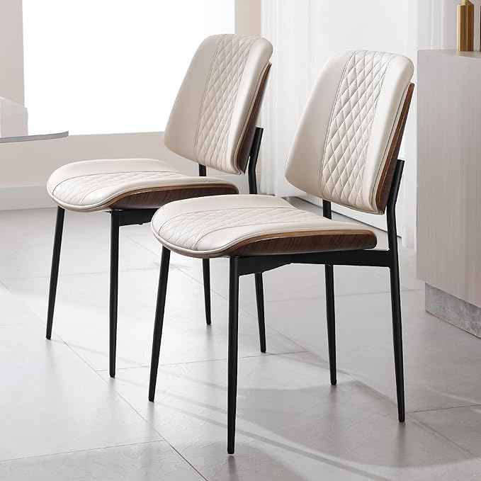 BV Dining Chairs Set of 2, PU Leather Armless Kitchen Chair in Modern Walnut Style, Mid Century Bentwood Side Chair with Metal Legs, Retro Accent Guest Chair for Kitchen Dining Room(Beige)