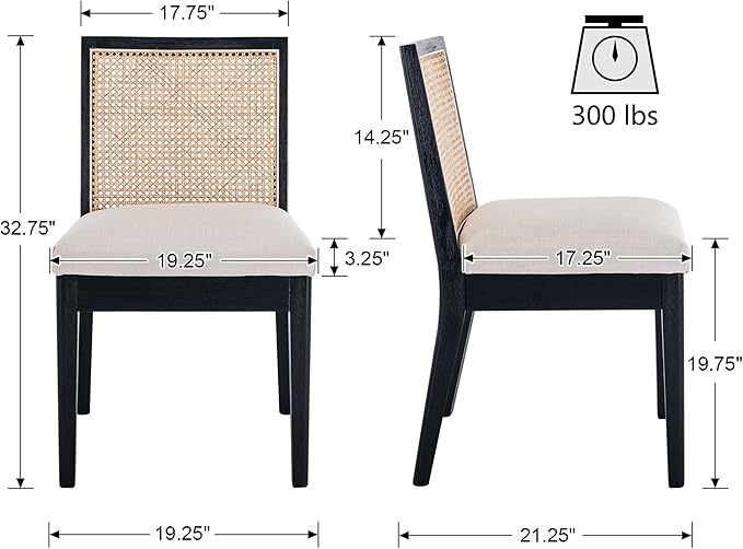 VESCASA Upholstered Dining Chairs with Square Wooden Rattan Back, Armless Padded Linen Cushion Dining Chairs with Wood Legs for Dining Room, Kitchen, Set of 4, Black Frame