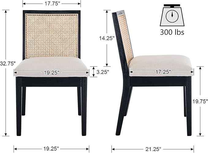 VESCASA Upholstered Dining Chairs with Square Rattan Back, Armless Padded Linen Cushion Dining Chairs with Wood Legs for Dining Room, Kitchen, Set of 2, Black Frame