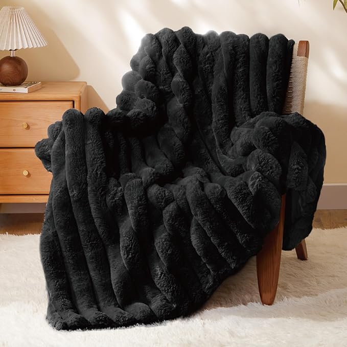 BEDELITE Faux Fur Throw Blanket for Couch, Soft and Cozy Luxurious 3D Striped Fluffy Blanket, 770GSM Thick Warm Plush Fuzzy Faux Rabbit Fur Blanket for Women Gift (Black, 50