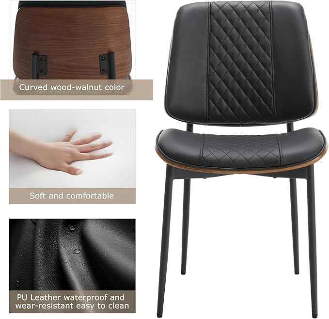 BV Dining Chairs Set of 2, PU Leather Armless Kitchen Chair in Modern Walnut Style, Mid Century Bentwood Side Chair with Metal Legs, Retro Accent Guest Chair for Kitchen Dining Room(Black)