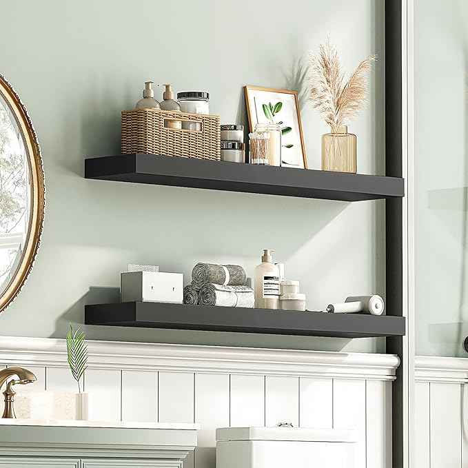 HOOBRO Floating Shelves for Wall, Wall Mounted Shelf Set of 2, 31.5" Hanging Shelf with Invisible Brackets, for Wall in Bathroom, Bedroom, Toilet, Kitchen, Living Room, Office, Black BK80BJP201