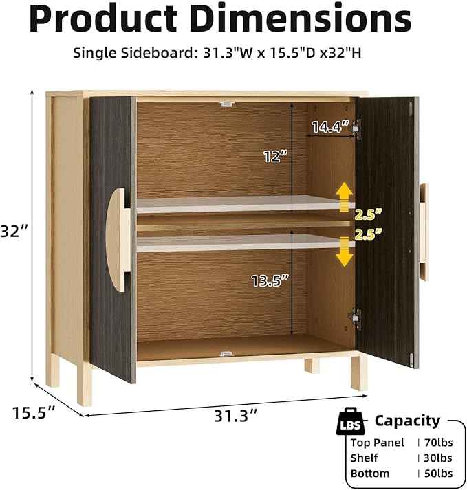 65 Inch TV Stand, Mid Century Modern Entertainment Center with Storage Cabinets & Adjustable Shelves, Media Console TV Credenza for Living Room, Dining Room, Hallway, Walnut