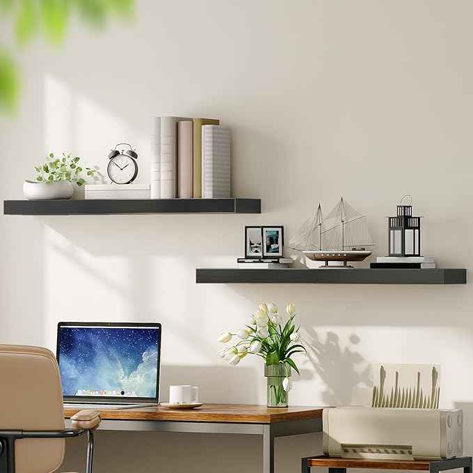 HOOBRO Floating Shelves for Wall, Wall Mounted Shelf Set of 2, 31.5" Hanging Shelf with Invisible Brackets, for Wall in Bathroom, Bedroom, Toilet, Kitchen, Living Room, Office, Black BK80BJP201