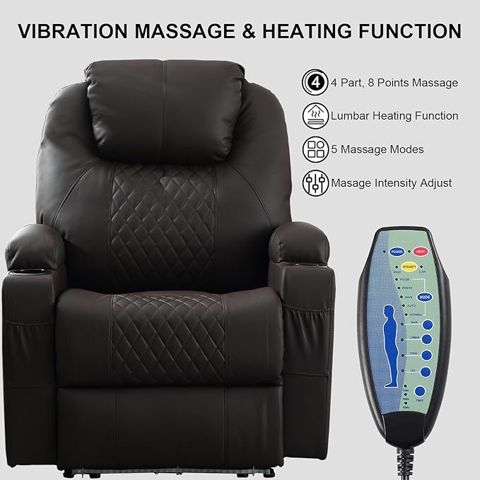 Power Recliner Chair with Heat and Massage, PU Leather Home Theater Seating with LED Lights/Cup Holders/Side Pocket/USB Port, Reclining Sofa Chair for Living Room(3, Brown)