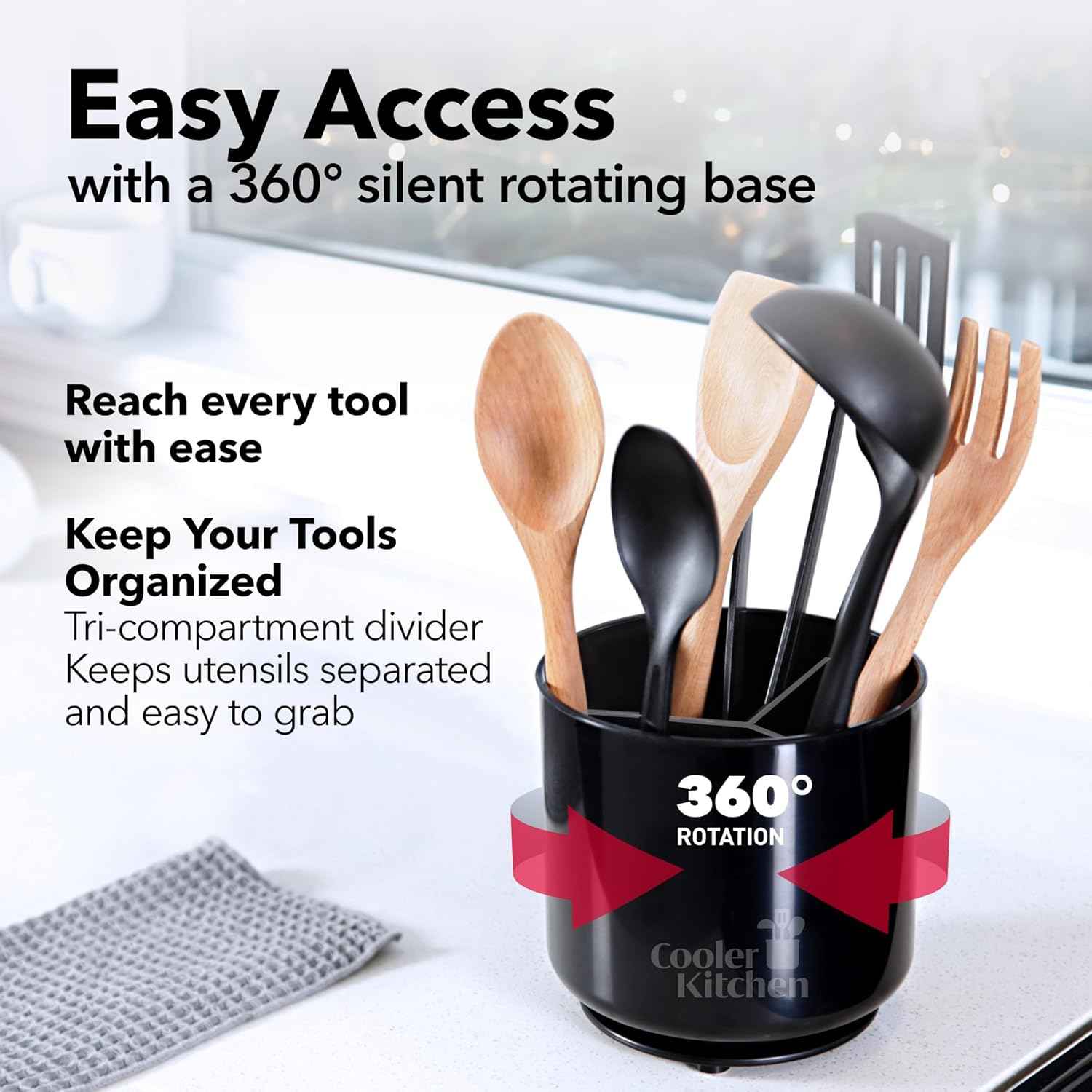 Cooler Kitchen Extra Large and Sturdy Rotating Utensil Holder Caddy with No-Tip Weighted Base, Removable Divider, and Gripped Insert | Rust Proof and Dishwasher Safe