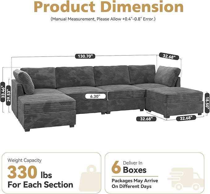 Modular Sectional Sofa, 130.7 Inch U Shaped Couch Set for Living Room, 4-Seater Comfy Cloud Couches with Two Movable Ottoman, Plush Corduroy, Gray