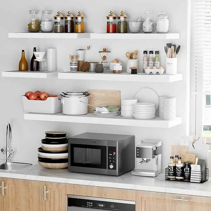 Fun Memories Floating Shelves - 2 Pack 12 Inch Deep Rustic Wooden Wall Shelves - Extra Deeper & Thicker Wall Mounted Storage Shelf for Living Room, Kitchen, Farmhouse - 16" W x 12" D x 1.5" H - White