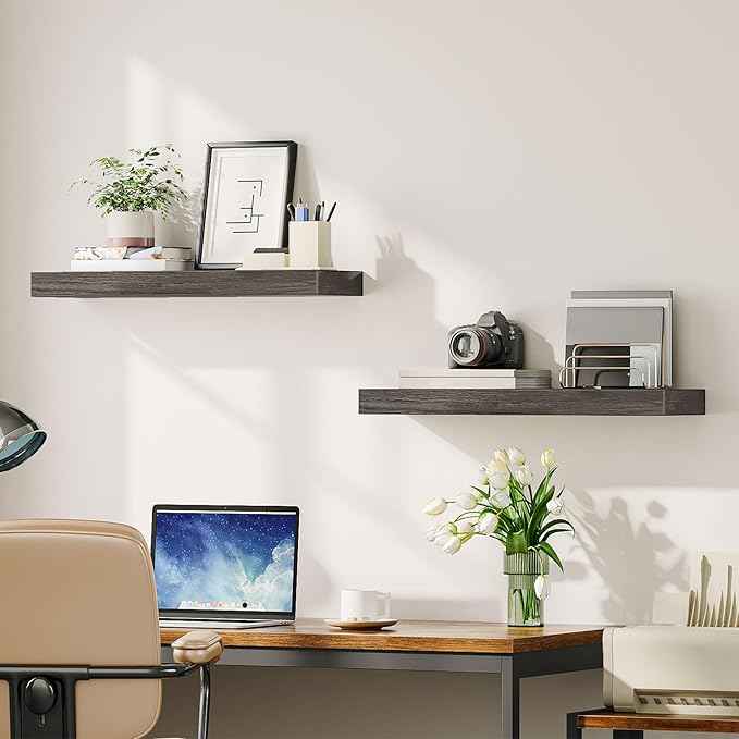 HOOBRO Floating Shelves for Wall, Wall Mounted Shelf Set of 2, 23.6" Hanging Shelf with Invisible Brackets, for Wall in Bathroom, Bedroom, Toilet, Kitchen, Living Room, Office, Charcoal Gray BC60BJ01
