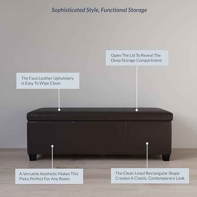 BELLEZE 47 Inch Storage Ottoman, Faux Leather Storage Bench Bedroom Bench with Safety Close Hinge, Ottoman with Storage for Living Room, Entryway, Hallway, Foot Rest, Support 300lbs - Brown