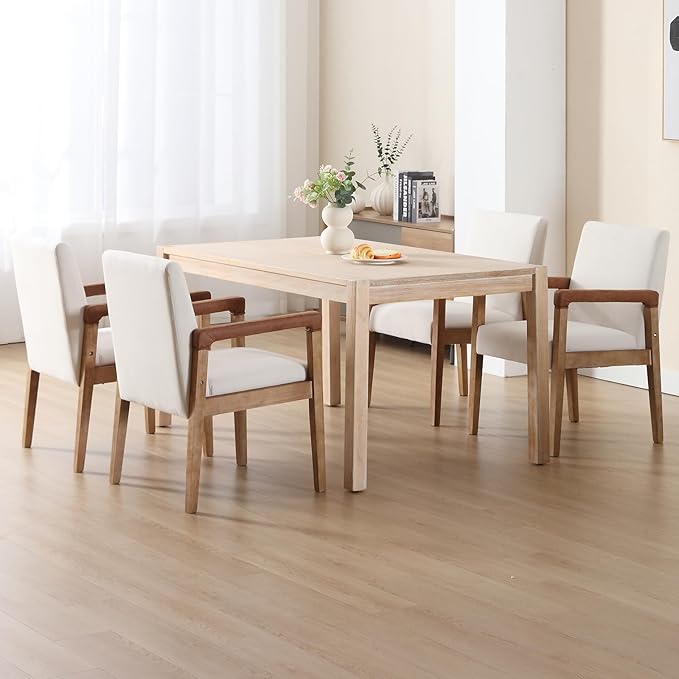 Mid Century Modern Dining Chairs Set of 6 Linen Fabric Upholstered Living Room Side Chair, Kitchen Arm Chair with Solid Wood Legs for Home Kitchen & Restaurant, Linen White