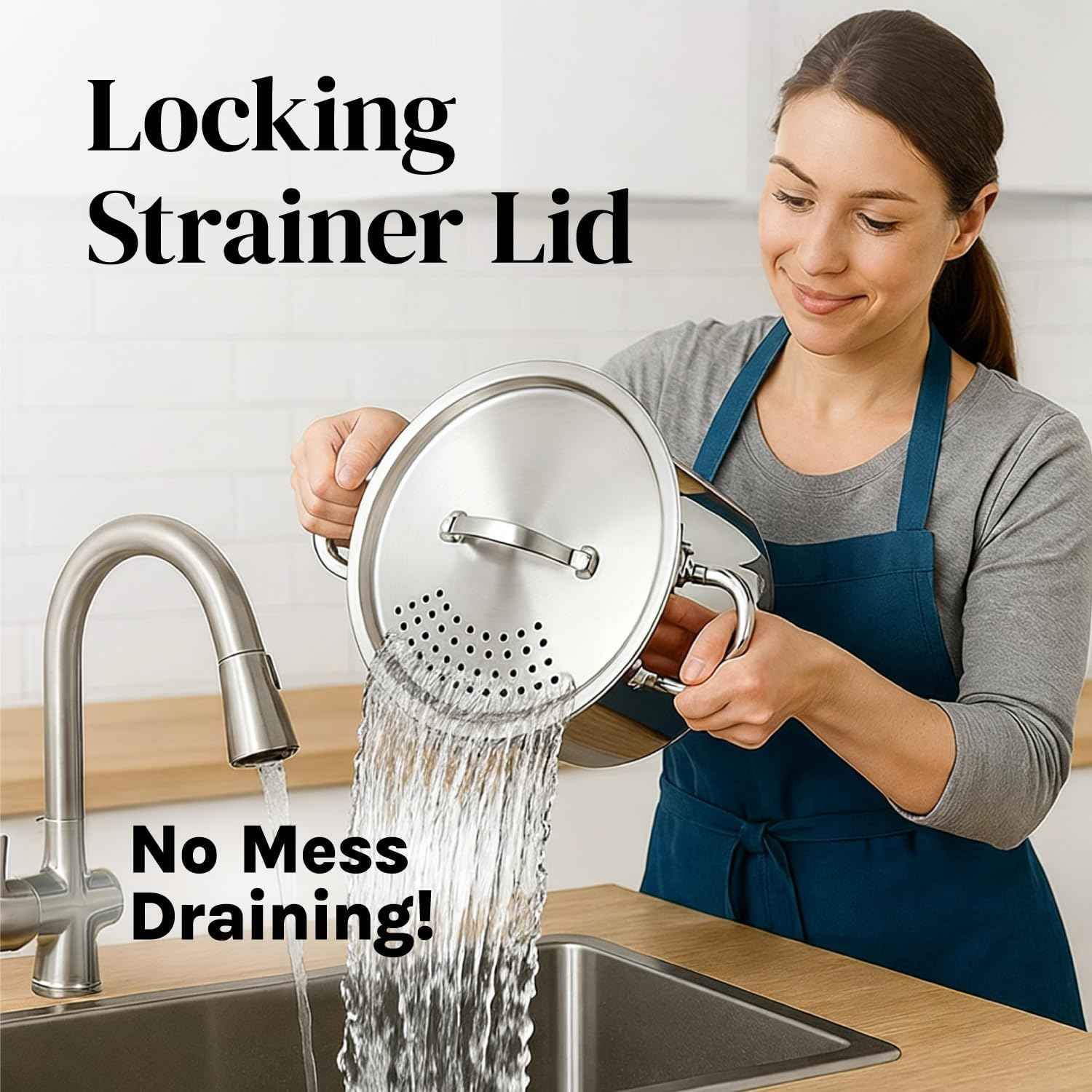 Stainless Steel Pasta Pot with Locking Strainer Lid - 5.5 Quart Large Capacity | Twist & Lock for Easy Drain & No Colander
