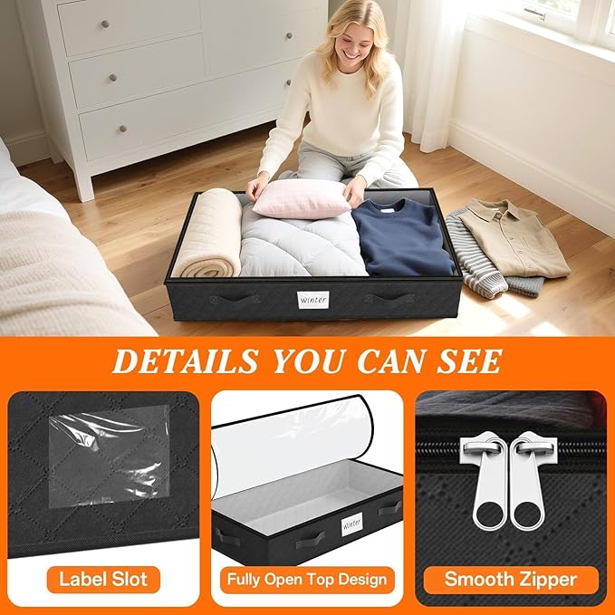 SpaceWhisper 90L Under Bed Storage Containers, 6-Pack Storage Bins with Clear Top, Foldable Closet Organizers and Storage with Label Holder for Clothing, Blankets, Comforter & Pillows(Black)