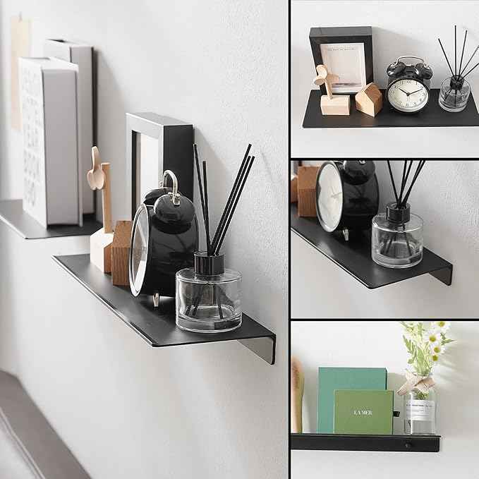 JOOM Black Floating Shelves for Wall Storage, Metal Wall Shelves for Living Room, Bathroom, Kitchen, 16” Display Shelves for Collectibles(2 PCS)