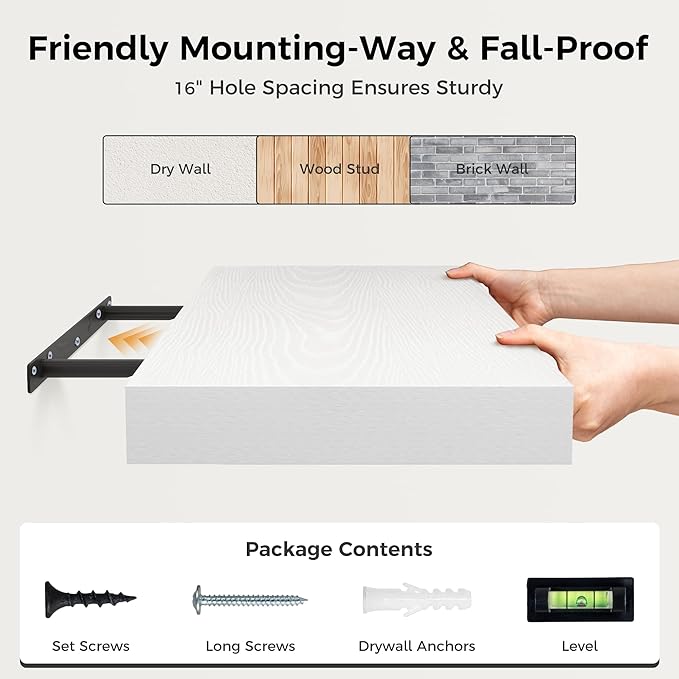 Fun Memories White Floating Shelves 30x 12 Inch, Deep Floating Shelf Wall Mounted, 12