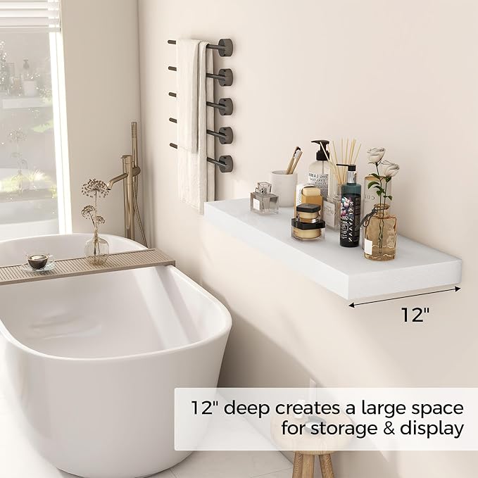 Fun Memories White Floating Shelves 30x 12 Inch, Deep Floating Shelf Wall Mounted, 12