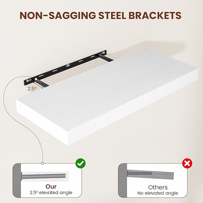 White Floating Shelves for Wall, 24 Inch X 12 Deep Shelves for Room Wall Mounted，2
